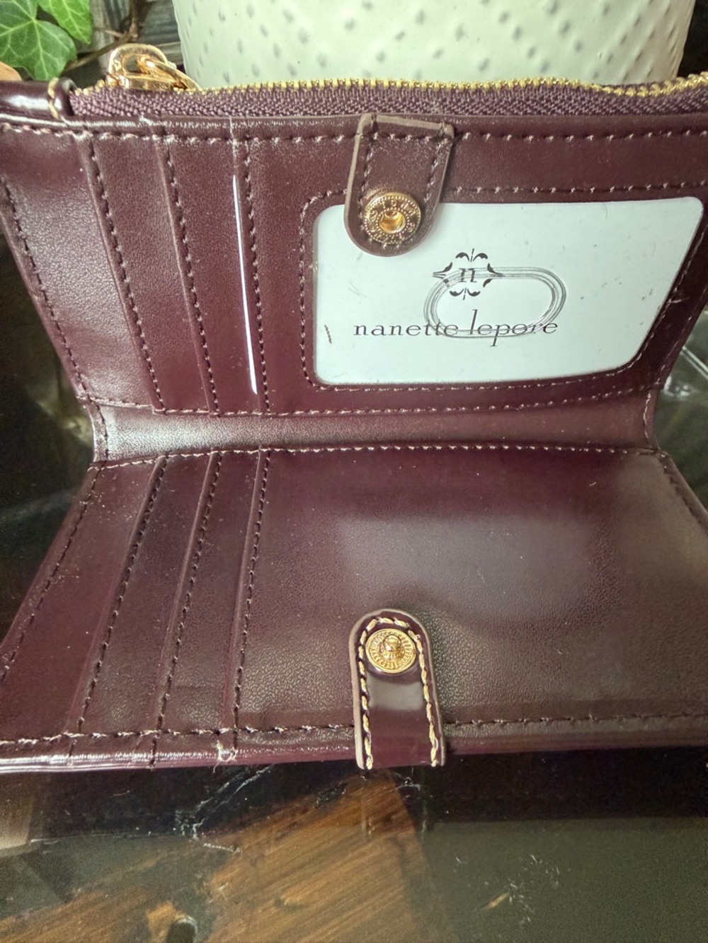 Nanette Lepore Wine Leather Zip Wallet with Gold Hardware - Picture 2 of 3